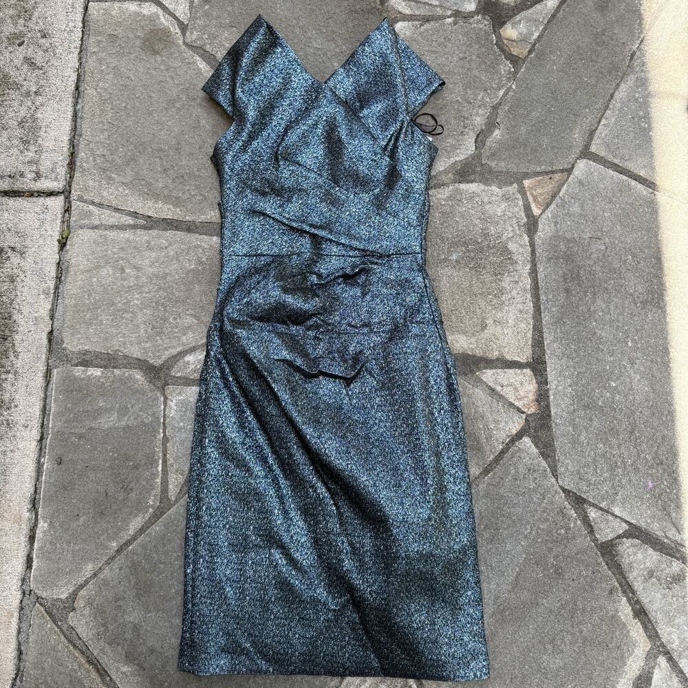 Rickie Freeman Teri Dress Womens 4 Blue Smoke Metallic Jacquard Formal Occasion